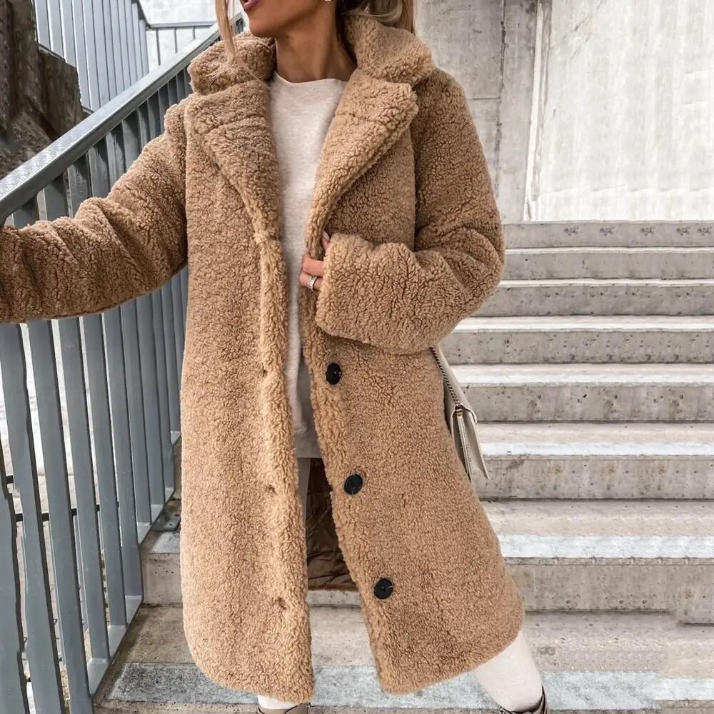 Cozy Tan Teddy Coat Women's Fuzzy Fleece Lapel Open Front Long Cardigan